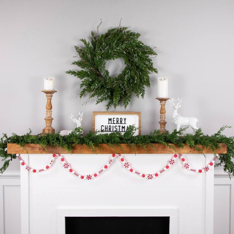 6' Red and White Frosted Peppermint Candy Christmas Garland Unlit