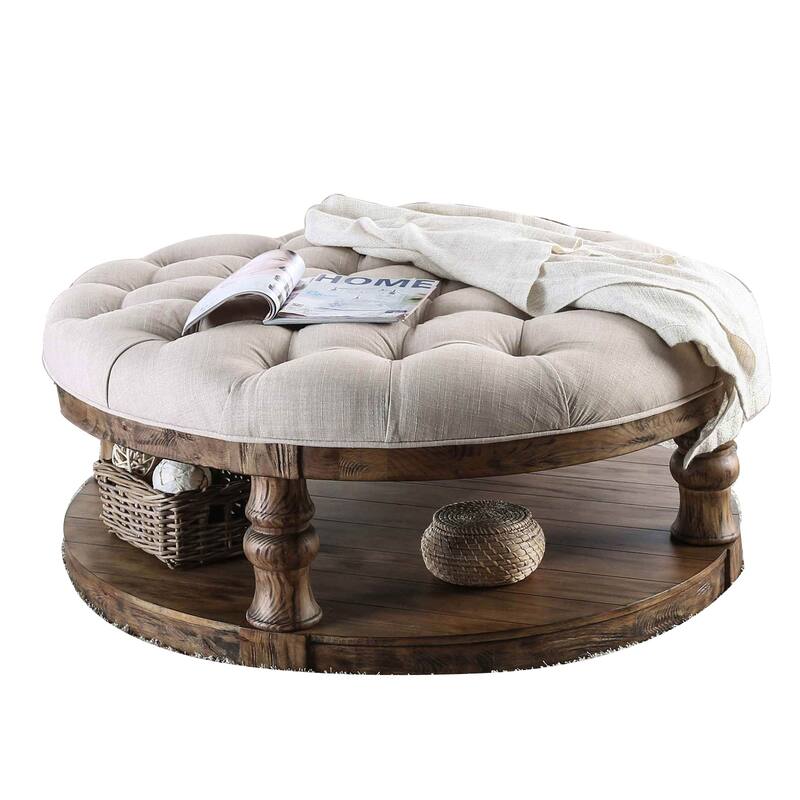 Cushioned Top Wooden Coffee Table with Bottom Shelf, Brown and Beige