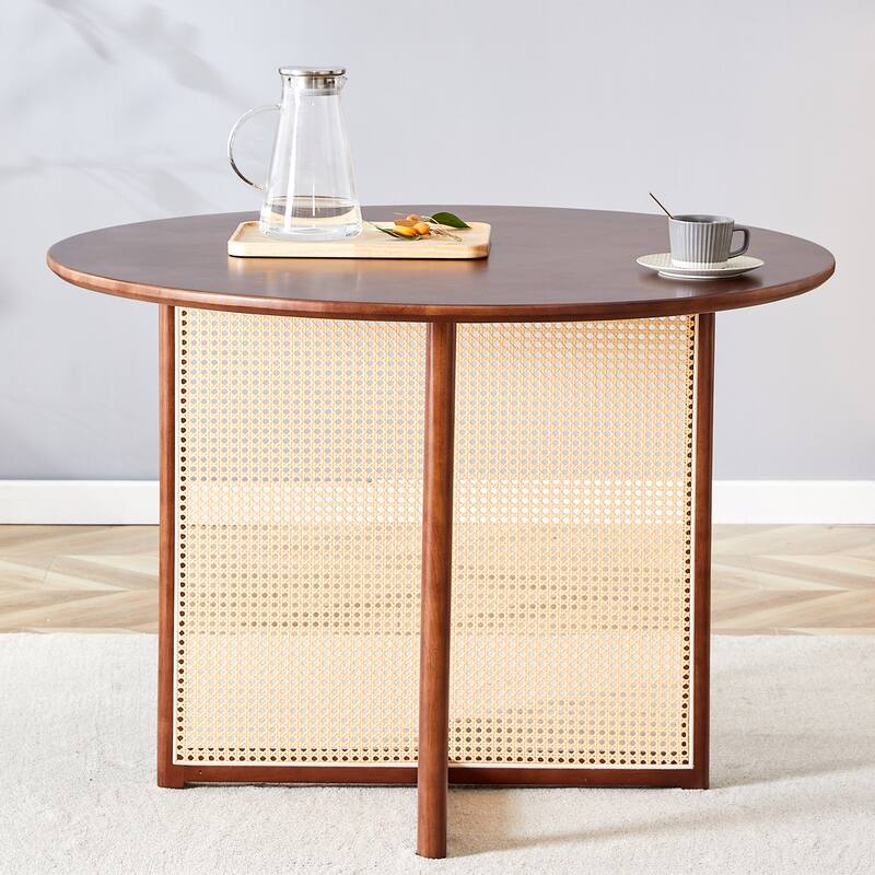 Chinese countryside retro solid wood round table, simple modern imitation rattan table, Suitable for dining room, living room