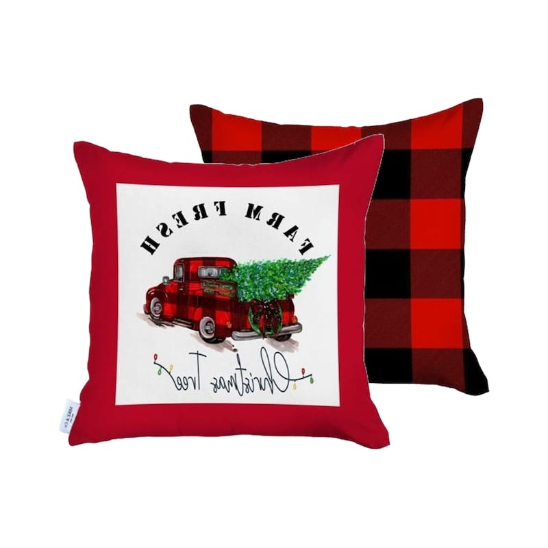 HomeRoots Set of 2 Red Plaid and Red Truck Throw Pillow Covers