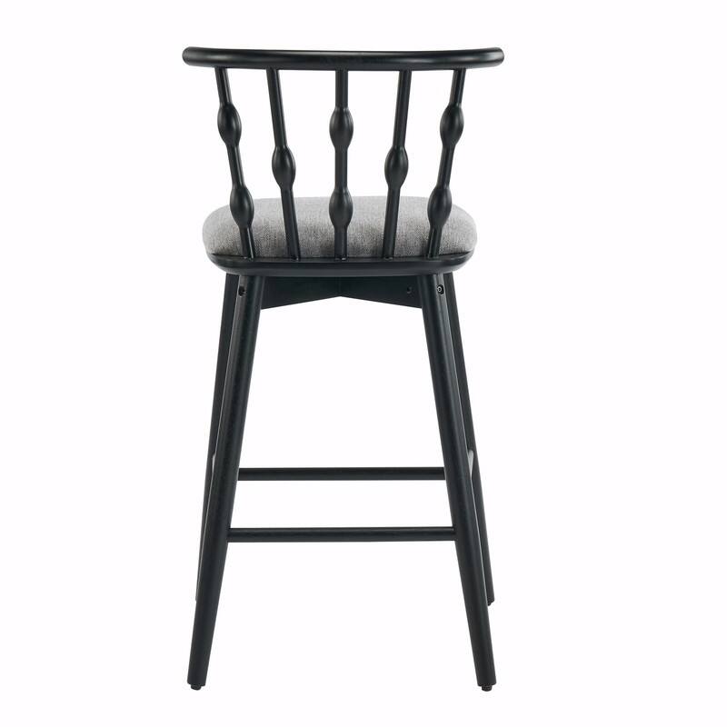 Doria Indoor Wooden Bar Stools with Gray Upholstery and Black Finish, Set of 2
