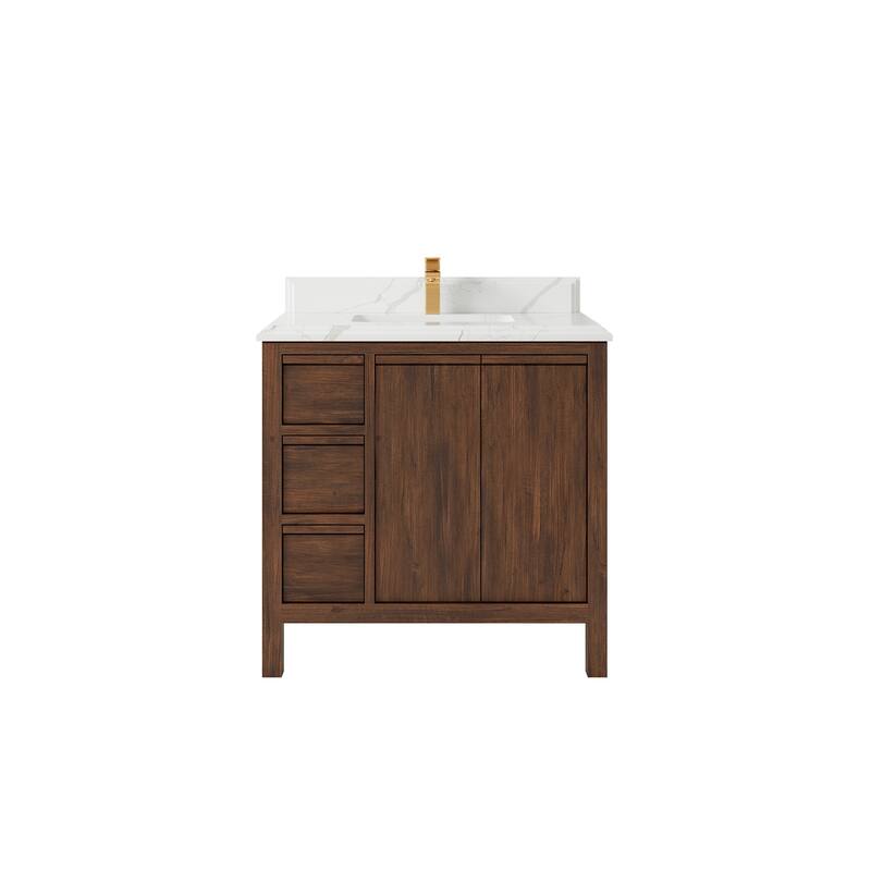 Willow Collections 36 in. W x 22 in. D Elizabeth Solid Teak Wood Center Sink Bathroom Vanity with Countertop - 1.5" Calacatta Laza - Dark Walnut
