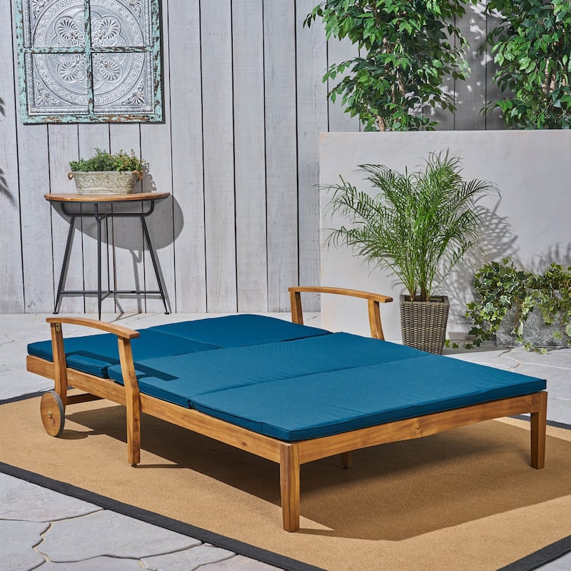 Roomfitters Double Outdoor Chaise Lounge with Adjustable Backrests and Cushions, Wheeled Acacia Frame, Blue