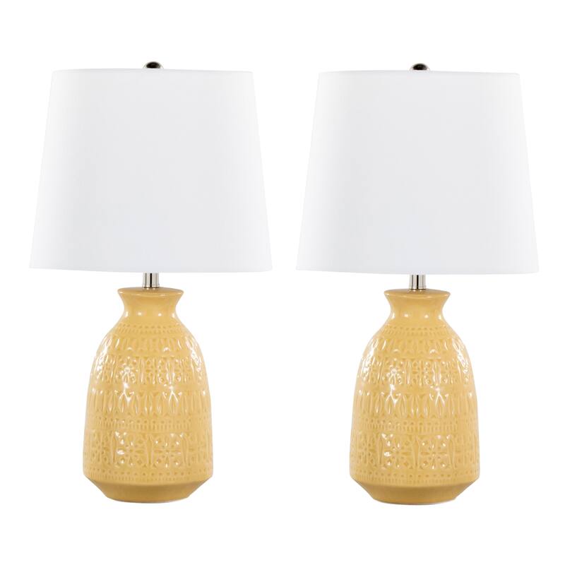 Porch & Den Claudia 20" Ceramic Table Lamp with Patterned Base & Linen Shade (Set of 2) - 20 - Misted Yellow Ceramic/White Linen Shade