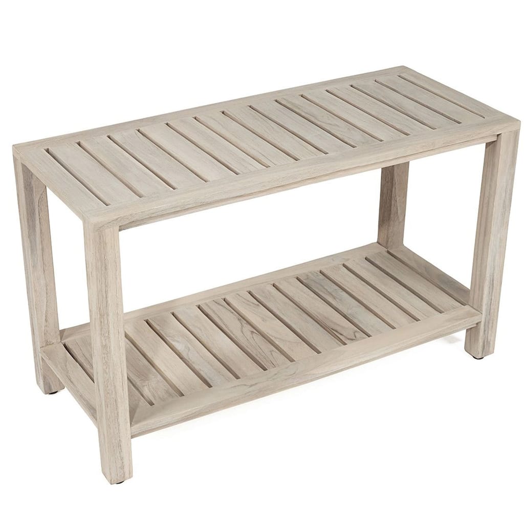 TeakCraft Gray Teak Shower Bench with Shelf 24 Inch - Fully Assembled, Rustic Gray Finish, The RICINA