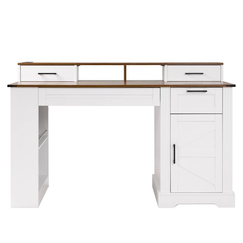 55" Farmhouse Office Desk with Storage, Charging Station, Barn Door & Keyboard Tray
