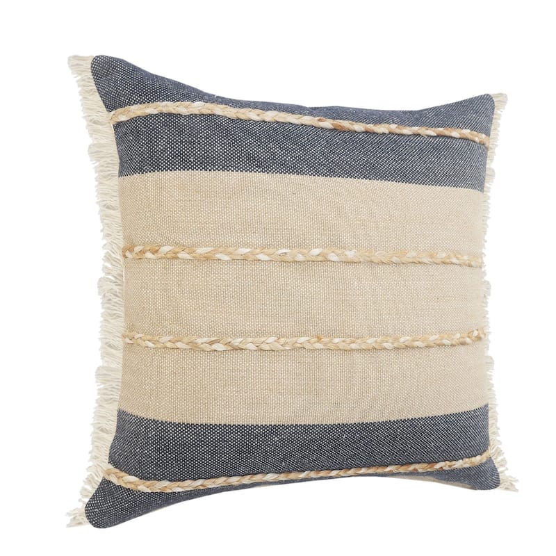20" Tan and Blue Striped Square Throw Pillow with Jute Braiding