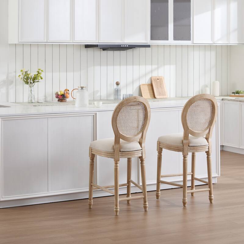 French Country Dining Chairs Set of 2, Upholstered Chairs with Nature Rattan Round Back, Wire drawing and carving techniques