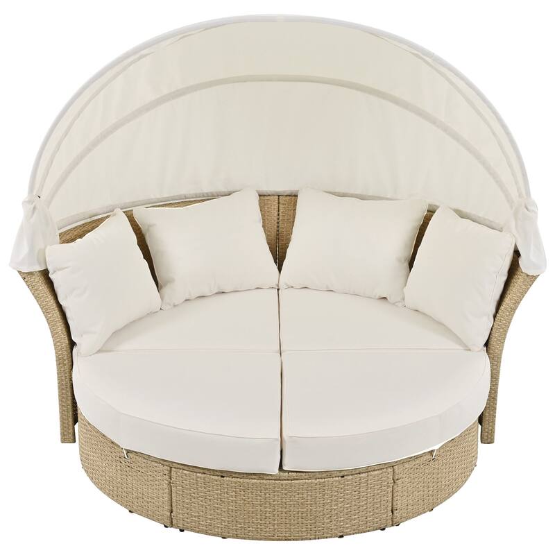 Wicker Rattan Daybed Round Sofa Set with Retractable Canopy and 4 Pillows, Convertible Sofa Bed with 2 Ottoman Chaise Lounge