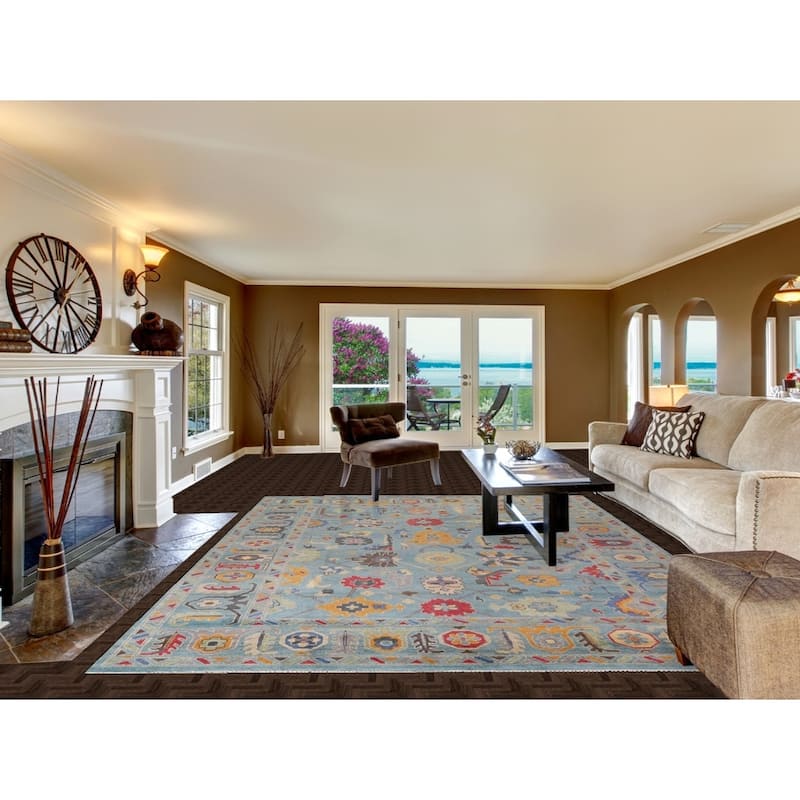 Light Blue Oushak Indian Area Rug Hand-Knotted Floral Wool Carpet - 8'11"x 11'11"