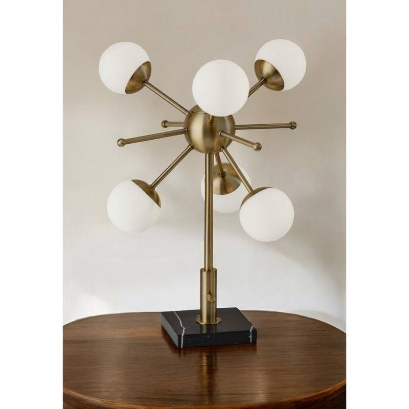 Black Metal Base Mid Century Table Lamp with Brass Glass Globe Shade 6 Lights - 15” x 15” x 23” (D x W x H)