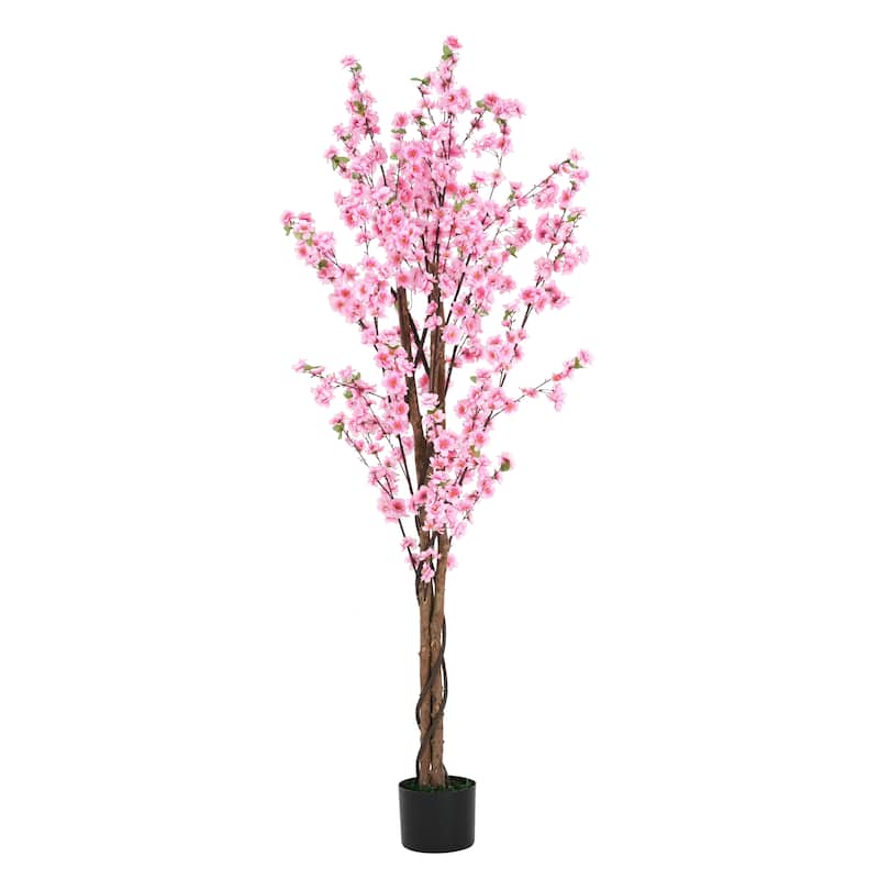 6' Artificial Peach Blossom Tree with Black Plastic Pot