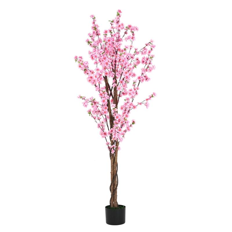 Roomfitters 6' Artificial Peach Blossom Tree with Black Plastic Pot, Lifelike Pink Flower Décor for Home & Office