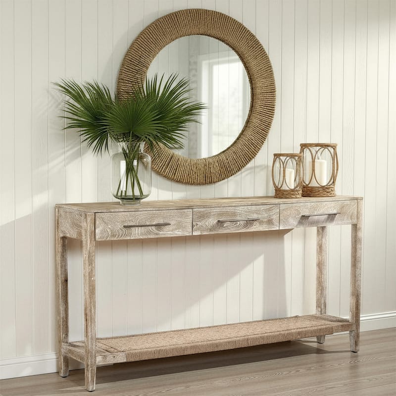 Whispen Coastal Wood and Jute Storage Console Table by Sevita - 72" L x 12" W x 34" H
