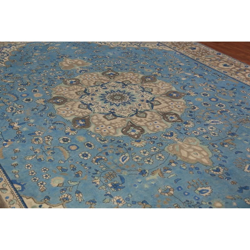 Blue Floral Tabriz Persian Area Rug Oriental Hand-Knotted Wool Carpet - 9'8"x 13'0"