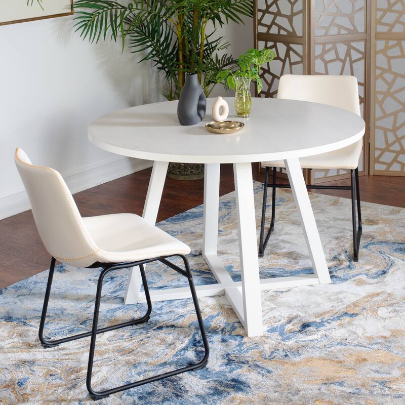Stylish Dining Table and Chair Set, White Round Dining Table with Trestle, Leather Barrel Chairs with Sled Base