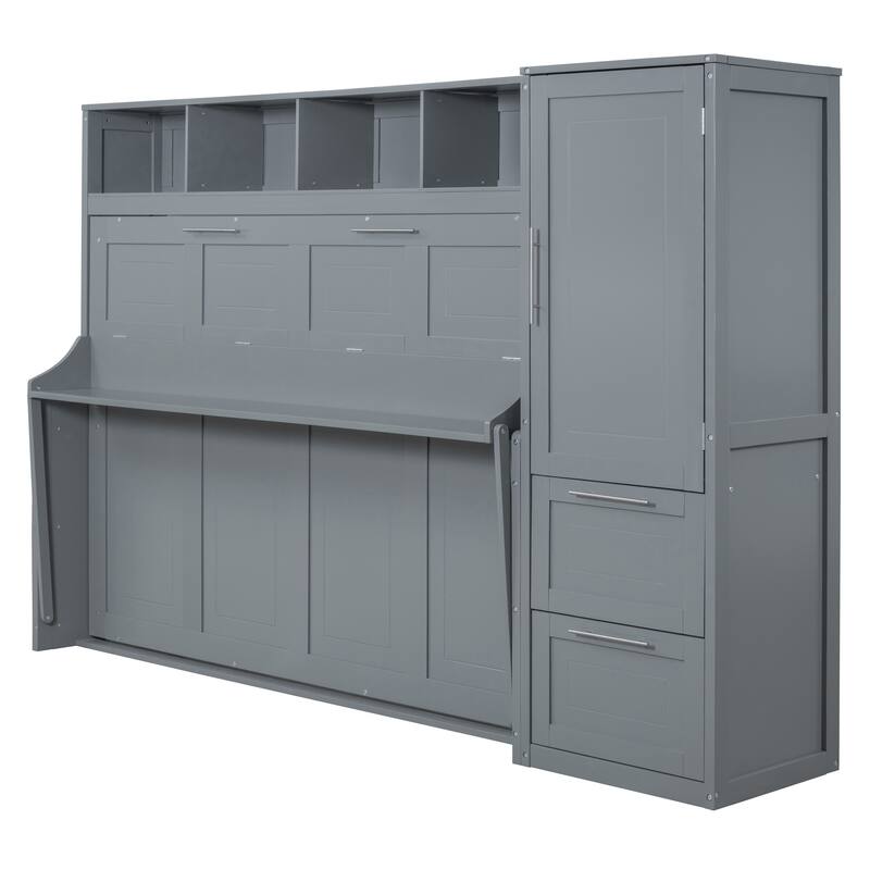 Multifunctional Murphy Bed with Top Shelf, Wardrobe, Drawers and Rack
