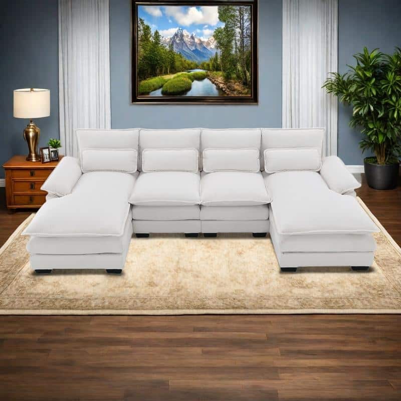 110" U-Shaped Velvet Sectional Sofa with 6-Seat Modular Sleeper and Chaise Lounge & Lumbar Pillows (330lb/Seat Capacity) - White