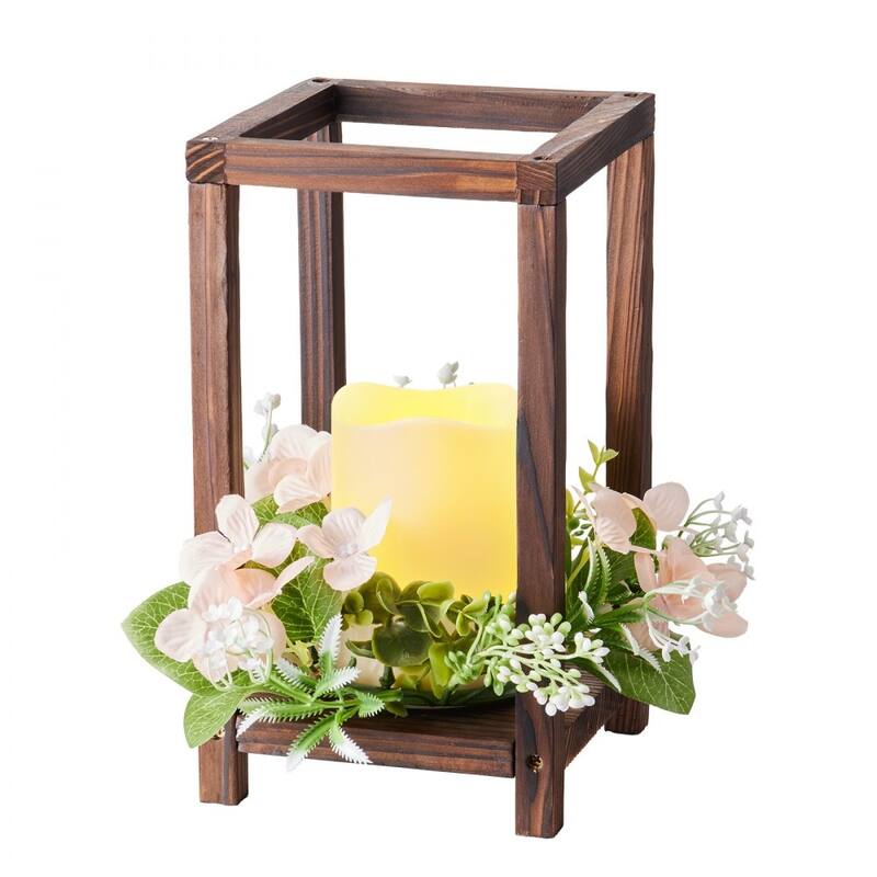 Wooden Wedding Lantern Set with LED Candles and Eucalyptus Wreath Rustic Cedar Table