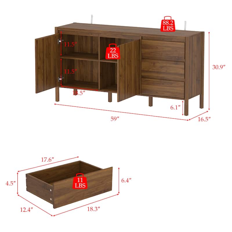 Wooden Living Room Storage Organizer,TV Stand Cabinet with 2 Doors & 3 Drawers,Mid-Century