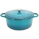 preview thumbnail 1 of 6, 6.35 Quart Enameled Cast Iron Double Handle Dutch Oven Self Basting Lid in Ice Blue