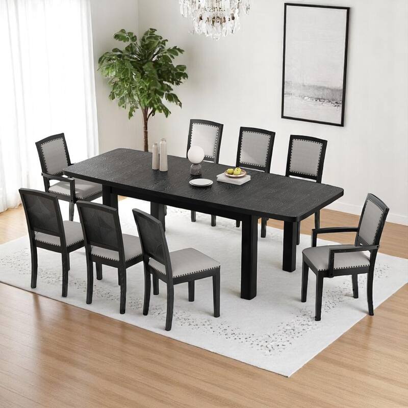 84" Extendable 9-Piece Dining Table Set with 24" Removable Leaf, 6 Upholstered Armless Chairs and 2 Arm Chairs for Dining Room