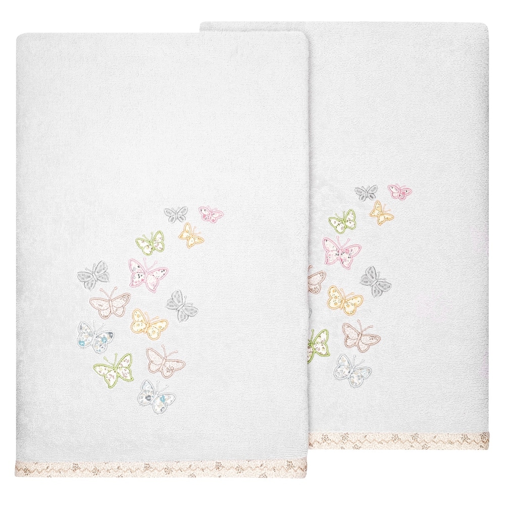 Authentic Hotel and Spa 100% Turkish Cotton Mariposa 2PC Embellished Bath Towel Set