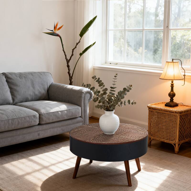 GDFStudio Veyrion Carved Round Coffee Table with Storage and Mid-Century Modern Design