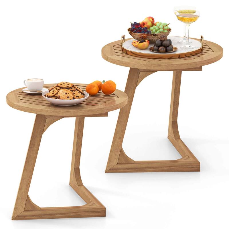1/2 PCS Teak Wood Outdoor Side Table Round Patio End Table - 2 pcs