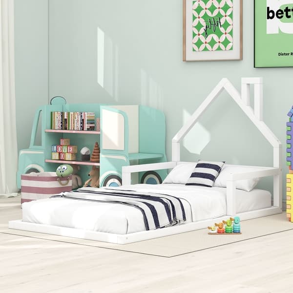 slide 2 of 11, Modern Twin Size Wood Floor Kids Bed Frame with House-Shaped Headboard, Sturdy Pine Construction, Easy Assembly, White White