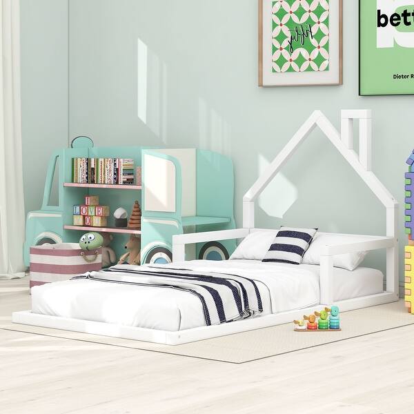 slide 2 of 11, Twin Size Wood Floor Bed with House-Shaped Headboard, White Finish for a Playful and Modern Bedroom Look White