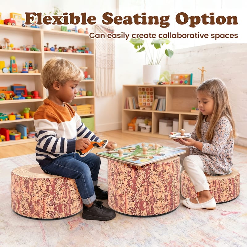 Gymax 3 PCS Tree Stump Stool Set w/Wood Printing Nature Decoration &