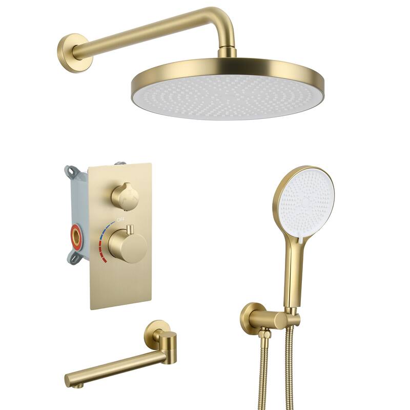 Luxury 3-Function Shower System Set - Solid Brass Control Valve, 10" Overhead Shower, 3-Spray Handheld - Brushed Gold