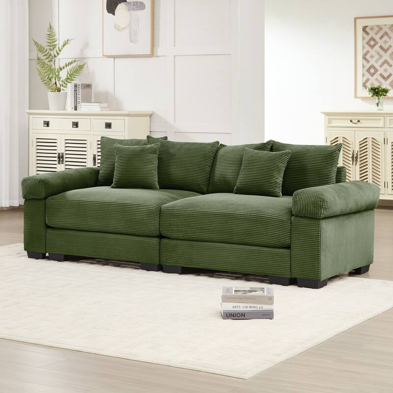 92" Oversized Corduroy Couch for Living Room, Upholstered Loveseat Sofa with Wide Armrests and Throw Pillows for Apartment