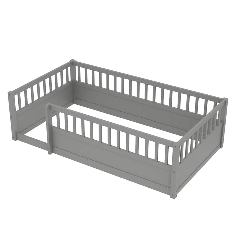 Montessori Toddler Floor Bed Child's Play Wood Bed Frame with High Fence and Open Door, No Slats - Twin Size or Full Size Option