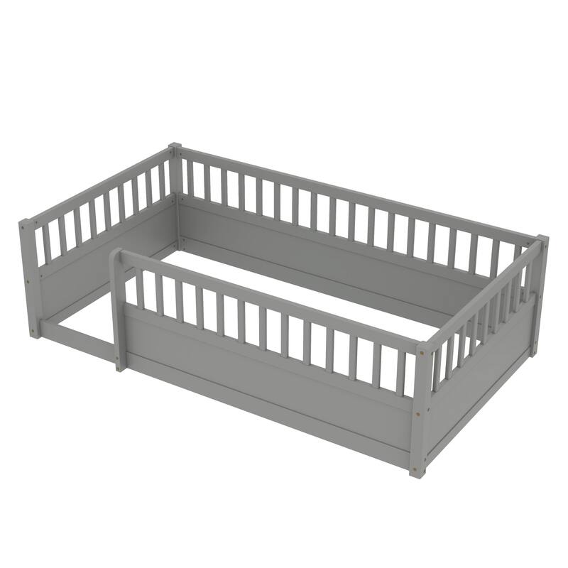 Montessori Twin Wooden Floor Bed with Safety Fence, Gray, for Kids Bedroom or Playroom