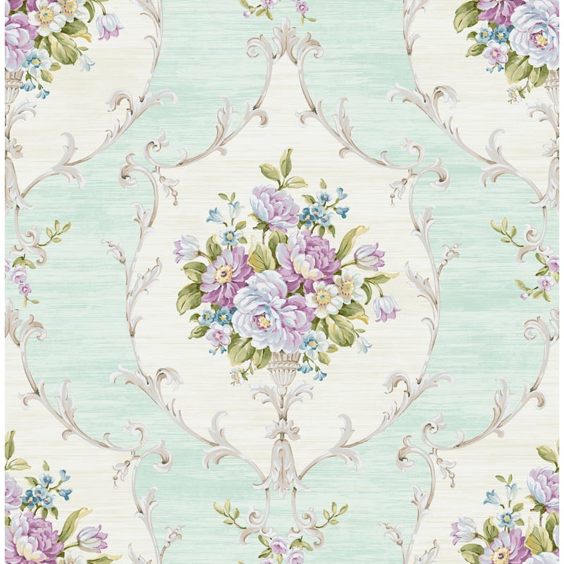 Seabrook Designs Femie Framed Peony Bouquet Unpasted Wallpaper - 20.5 in. W x 33 ft. L - Metallic Mint & Grape