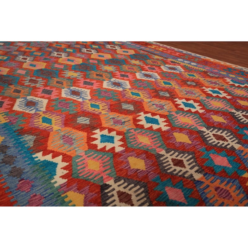 Reversible Kilim Area Rug Flatweave Geometric Wool Carpet - 8'7" x 11'4"
