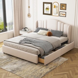 Queen Size Upholstered Platform Bed Wingback Headboard Linen Fabric ...