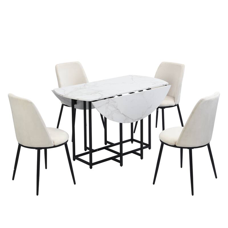 5-Piece Extendable Kitchen Dining Table Set- Round Faux Marble Top, 4 Upholstered Chairs, Compact Foldable Design