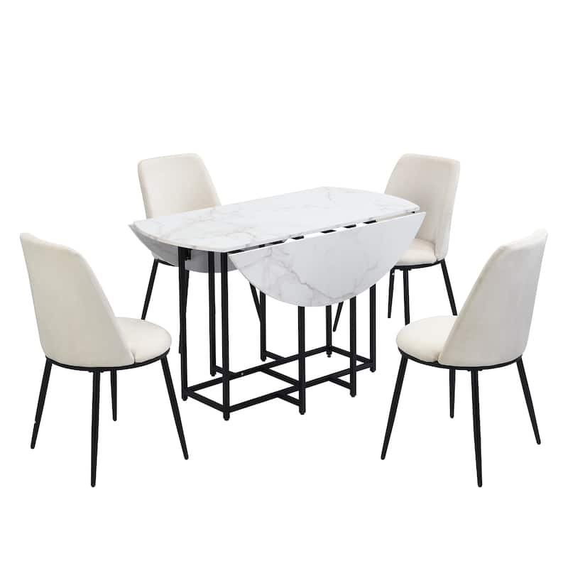 Roomfitters Space-Saving 5-Piece Extendable Dining Table Set with Round Faux Marble Top, 4 Upholstered Chairs