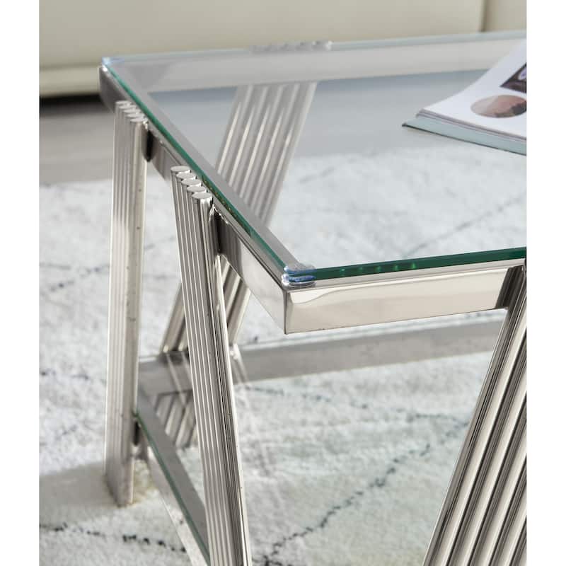 Modern Stainless Steel Coffee Table 2 Tier Tempered Glass Coffee Table with Storage Space, for Living Room, Silver