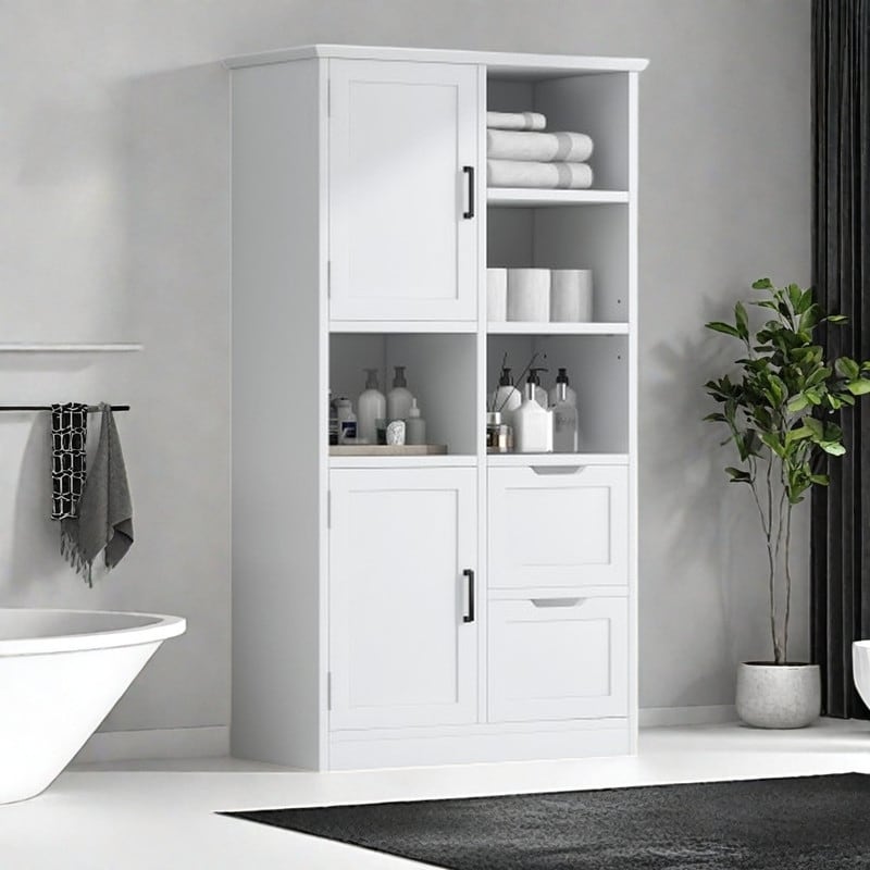 Tall Bathroom Storage Cabinet with 2 Doors, 2 Drawers and Open Shelves, MDF Freestanding Linen Cabinet with Adjustable Shelf