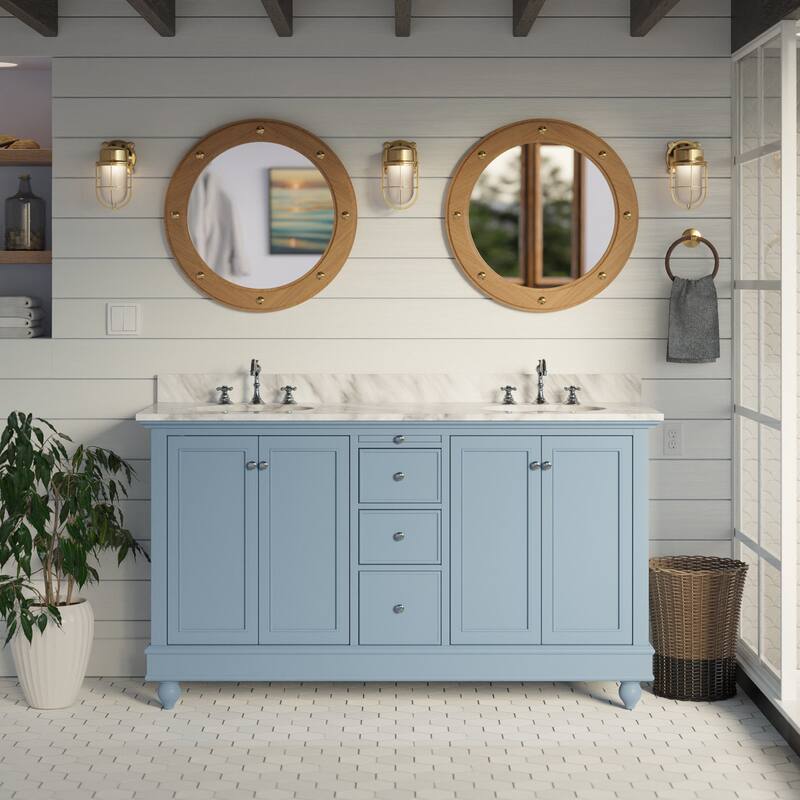 KitchenBathCollection Bella 60" Double Bathroom Vanity with Carrara Marble Top