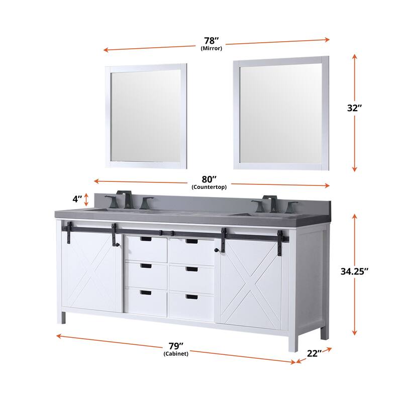 Marsyas 80 in W x 22 in D Dark Grey Double Bath Vanity, Carrara Marble Countertop and 30 in Mirrors
