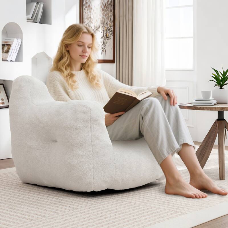 HOMEFUN Teddy Fabric Upholstered High-Density Foam Bean Bag Sofa Chair with Armrests - White