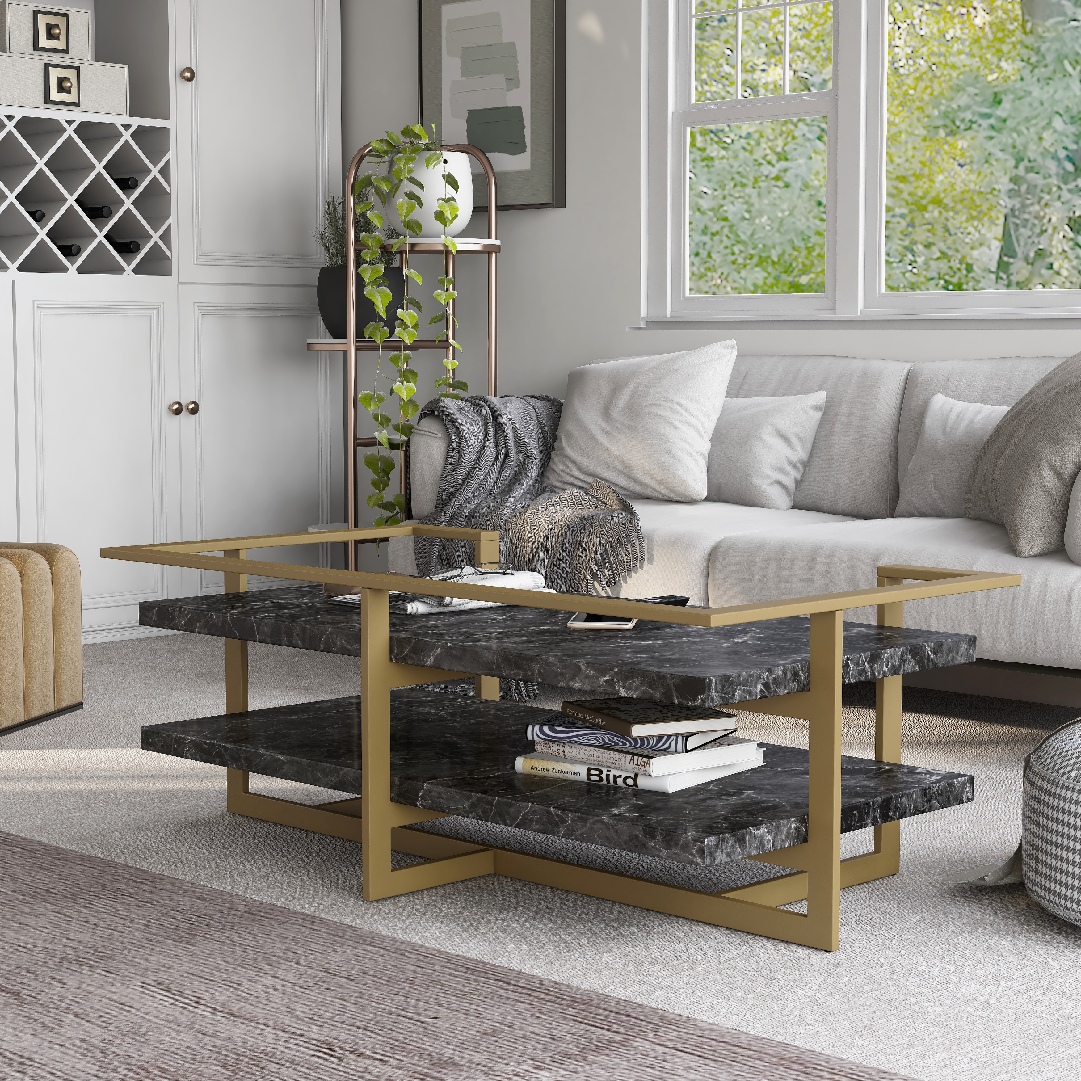 Furniture of America Lovell Glam Gold and Black 51-inch Faux Marble 1-Shelf Coffee Table