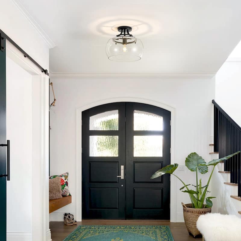 1-Light 13.8" W Modern Schoolhouse Matte Black Semi-Flush Mount Ceiling Light with Clear Dome Glass Shade for Bedroom