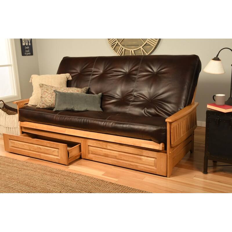 Somette Phoenix Queen-size Storage Futon Set in Butternut Finish with Faux Leather Mattress - Oregon Trail Java