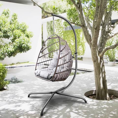 Swing Egg Chair, Indoor Outdoor Wicker Rattan Patio Basket Hanging Chair with C Type Bracket and Cushion